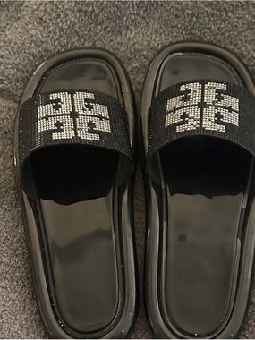 Tory Burch Black Slide Sandals with Crystal Logo